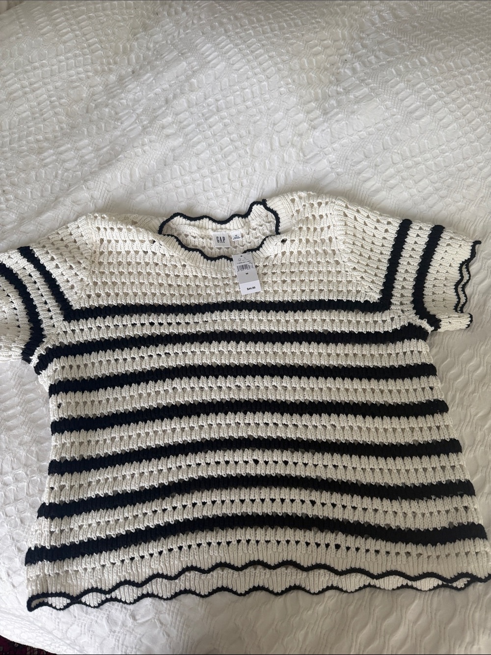 GAP Cream and Black Striped Crochet Short Sleeve Top